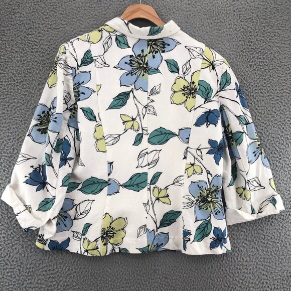 Emma James Jacket Womens 14 Blue Floral Linen Blend Button Collared 3/4 Sleeves - Picture 3 of 11
